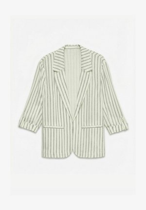 Witte blazer met verticale grijze strepen, ingesneden revers, opgerolde mouwen met knoopriempjes en twee voorzakken.