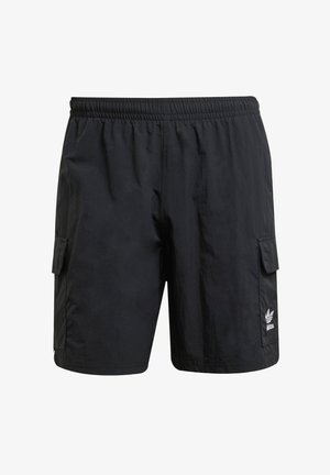Black cargo shorts with an elastic waistband, two side pockets, and a logo on the lower leg. Made of lightweight fabric with a smooth texture.