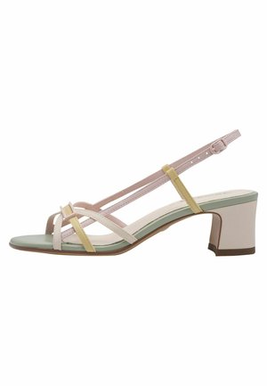 Sandal med stropper og hæl med pastelfarver i pink, gul og grøn. Rundet tå, mellemhøj blokhæl og justerbar ankelrem.