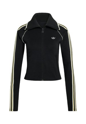 Czarna kurtka na zamek z wysokim kołnierzem, białe i żółte paski na rękawach oraz małe logo na piersi. Wykonana z gładkiego, elastycznego materiału.