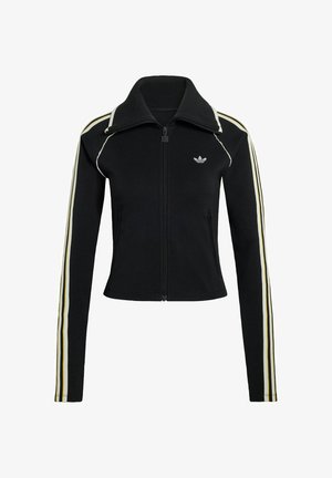 Czarna kurtka na zamek z wysokim kołnierzem, białe i żółte paski na rękawach oraz małe logo na piersi. Wykonana z gładkiego, elastycznego materiału.