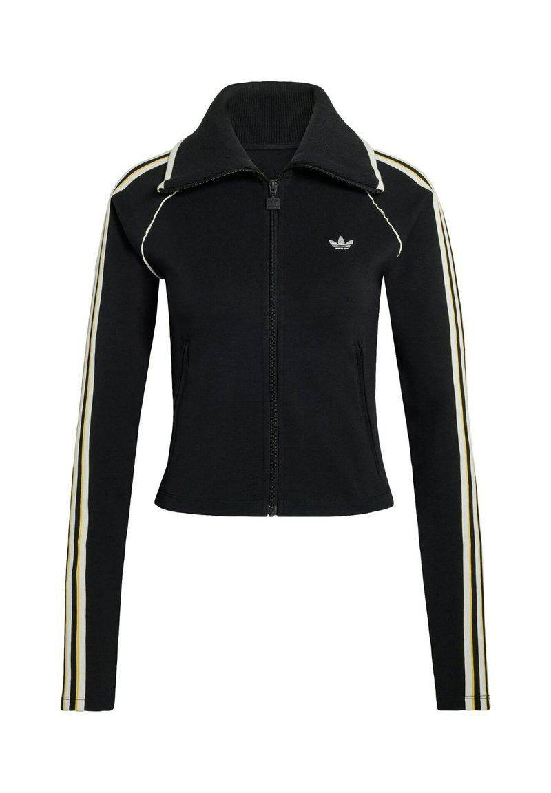 Sort lynlåstrøje med høj krave, hvide og gule striber på ærmerne og lille logo på brystet. Fremstillet af glat, elastisk stof.