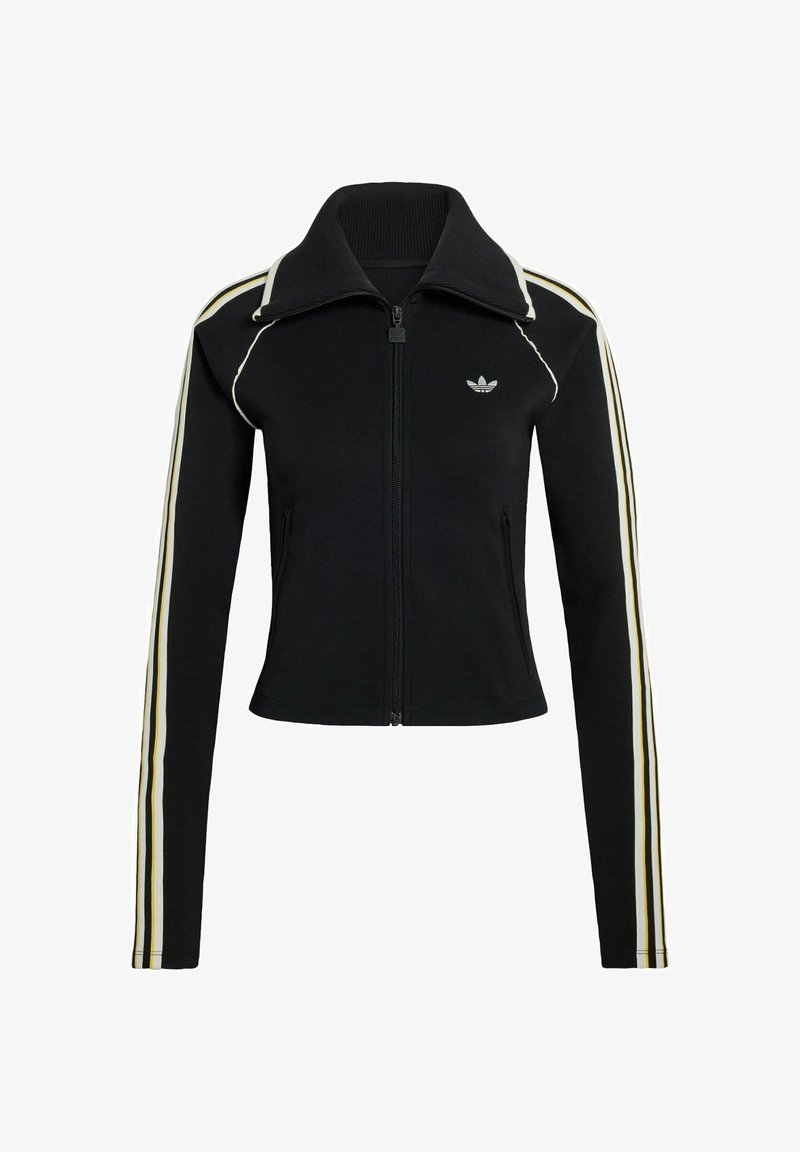 Sort lynlåstrøje med høj krave, hvide og gule striber på ærmerne og lille logo på brystet. Fremstillet af glat, elastisk stof.