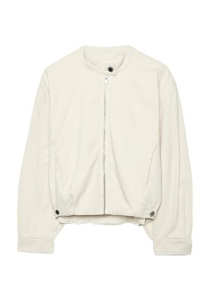 Off-White Bomberjacke mit Reißverschluss vorne, Druckknopfkragen und -manschetten sowie seitlichen Taschen an den langen Ärmeln.