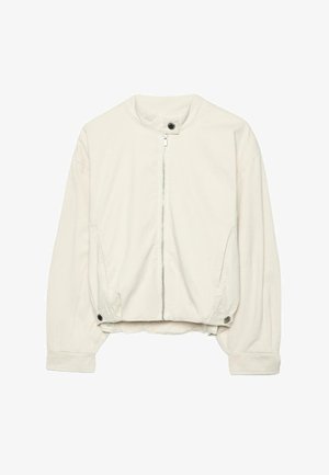 Off-White Bomberjacke mit Reißverschluss vorne, Druckknopfkragen und -manschetten sowie seitlichen Taschen an den langen Ärmeln.