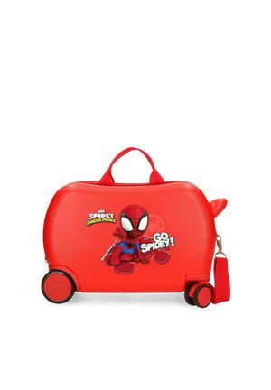 Maleta roja para niños con cuatro ruedas, estampado del personaje de Spider-Man, asa superior y correa lateral desmontable.