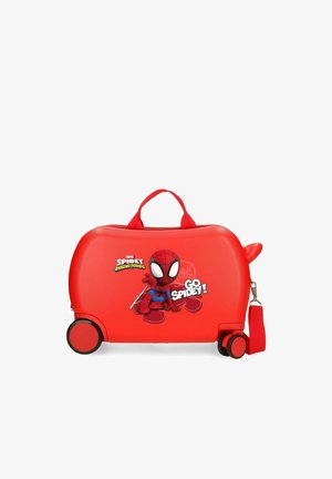 Maleta roja para niños con cuatro ruedas, estampado del personaje de Spider-Man, asa superior y correa lateral desmontable.