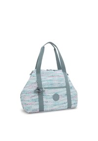 Large fabric bag with a floral palm pattern in light blue and pink. Features grey straps, a front zipper pocket, and a decorative charm.