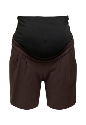 Pantalones cortos de maternidad marrones con una cinturilla elástica negra alta diseñada para sostener la barriga embarazada.