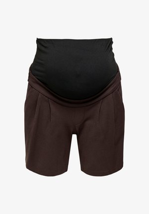Shorts de maternité marron avec une large ceinture élastique noire conçue pour soutenir un ventre de femme enceinte.