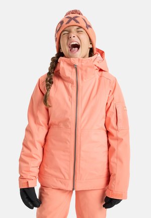 Helle korallenfarbene Skijacke mit einem Frontreißverschluss, verstellbare Kapuze und schwarzen Handschuhen. Die Jacke zeichnet sich durch eine glatte Textur und gestickte Details aus.