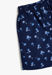 Marineblå shorts med et palmetræsmønster i lys blå. Har en elastisk talje og sidelommer. Fremstillet af åndbart stof.