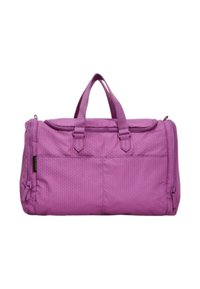 Borsa a tracolla viola realizzata in tessuto testurizzato, con due manici superiori, chiusura con zip e tasche frontali per un facile accesso.