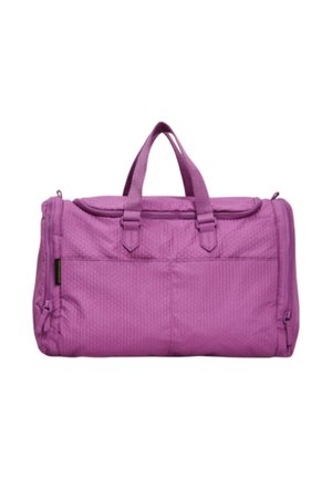 Borsa a tracolla viola realizzata in tessuto testurizzato, con due manici superiori, chiusura con zip e tasche frontali per un facile accesso.