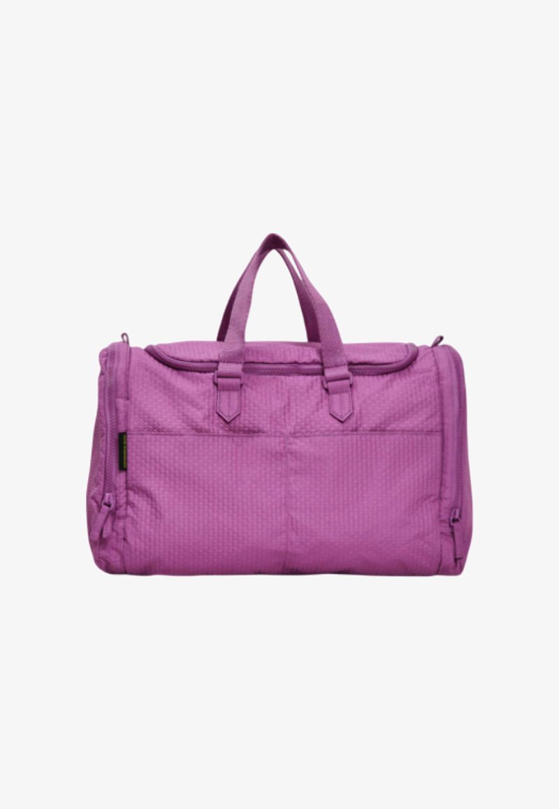 Borsa a tracolla viola realizzata in tessuto testurizzato, con due manici superiori, chiusura con zip e tasche frontali per un facile accesso.