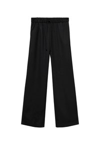 Zwarte wijde broek van zacht materiaal, met een elastische tailleband en een trekkoord voor verstelbaarheid en een gladde textuur.