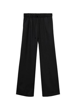 Pantaloni neri a gamba larga realizzati in un tessuto morbido, con una cintura elastica e un laccetto per la regolazione e una superficie liscia.