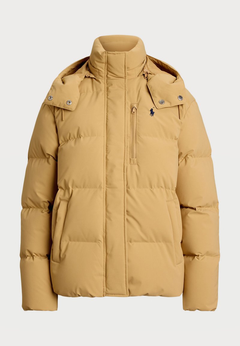 Yellow puffer jacket with a high collar, snap-button patches on shoulders, front zip pocket, and quilted texture for insulation.