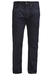 Jeans in denim blu scuro con vestibilità dritta. Presentano un design a cinque tasche, chiusura frontale con bottone e dettagli di cucitura sottili.