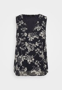 Laivastonsininen kukallinen ilmanhiha paita V-aukolla, jossa on vaaleansävyisiä kukkakuviota ja löysä malli. Valmistettu kevyestä, läpikuultavasta kankaasta.