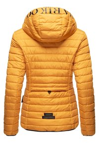 Yellow puffer jacket with horizontal quilted design, a hood, and two zippered pockets. Features black text on the hood and branding on the back.