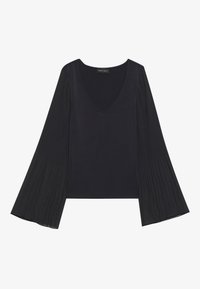Svart topp med dyp V-hals og plisserte lange ermer, laget av et glatt stoff. Enkel design uten tilleggsmønstre eller aksenter.