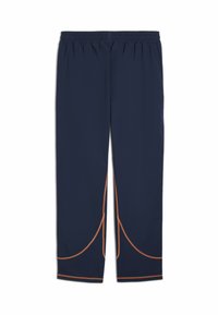 Pantalons bleu marine en tissu lisse avec une taille élastique. Des coutures orange remarquables créent des motifs courbés le long des côtés.