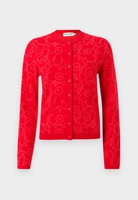 Rode gebreide cardigan met bloemmotief, ronde hals en knoopsluiting. Lange mouwen en geribbelde boorden en zoom.