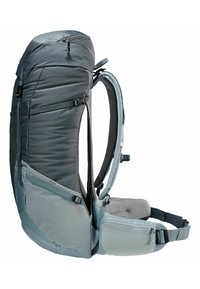 Gray and light blue backpack featuring a streamlined design, padded mesh back, adjustable straps, and multiple zippered pockets.