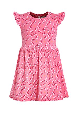 Vestito di cotone rosa con gonna a pieghe, maniche ad aletta e motivo floreale in bianco, rosso e giallo. Scollo rotondo con chiusura sul retro.