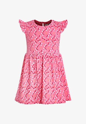 Rosa Baumwollkleid mit ausgestelltem Rock, kurzen Ärmeln und floralem Muster in Weiß, Rot und Gelb. Rundhalsausschnitt mit rückwärtigem Verschluss.