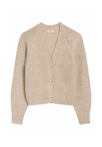 Gruby beżowy kardigan z długimi rękawami, ściągaczami, dekoltem w kształcie V i trzema guzikami z przodu.