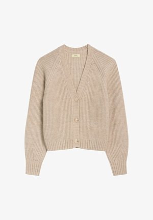 Gruby beżowy kardigan z długimi rękawami, ściągaczami, dekoltem w kształcie V i trzema guzikami z przodu.