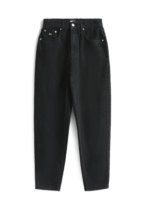 Black denim pants with a high waist, straight legs, five pockets, and metal button closure. Features subtle stitching and minimal branding.