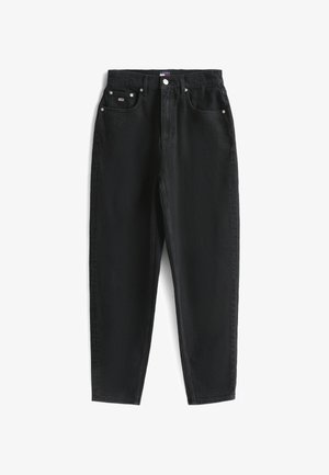 Svarte denimbukser med høy midje, rette ben, fem lommer og metallknapp-lukking. Har diskre søm og minimal merkevare.