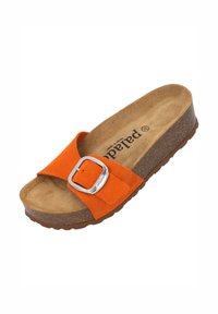 Orange suede slide sandal with a wide strap and a silver rectangular buckle. Cork footbed with textured brown rubber outsole.