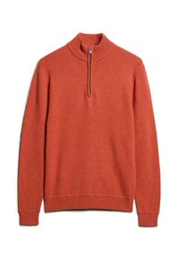 Pullover arancione con zip e collo e polsini a coste, realizzato in tessuto texturizzato. Presenta un logo ricamato sul petto.