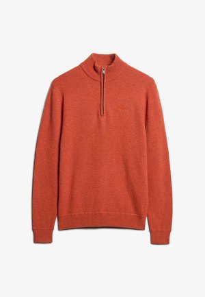 Orange, pullover sweater med lynlås i halsen, med ribbet krave og manchetter, lavet af struktureret stof. Har et broderet logo på brystet.