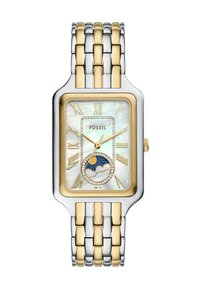 Fossil rechteckige Uhr mit einem zweifarbigen Metallarmband. Zifferblatt aus weißem Perlmutt mit goldenen römischen Ziffern und einem dekorativen Mondphasen-Detail.