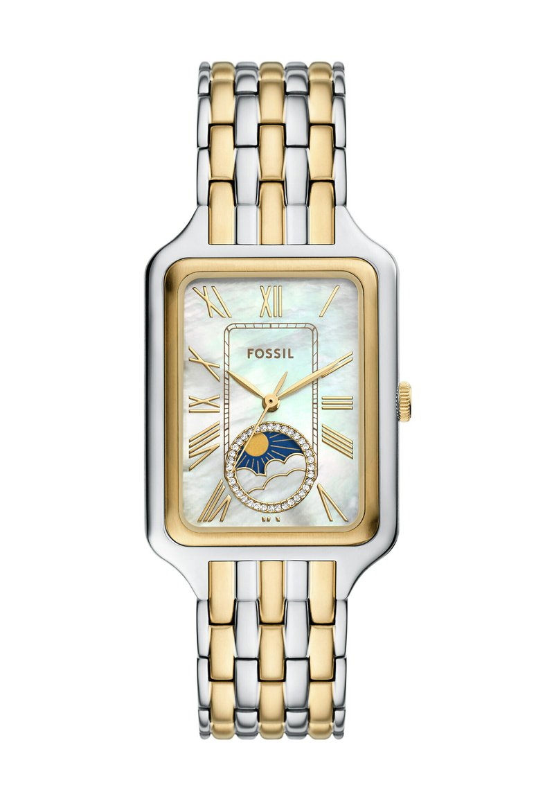 Fossil rechteckige Uhr mit einem zweifarbigen Metallarmband. Zifferblatt aus weißem Perlmutt mit goldenen römischen Ziffern und einem dekorativen Mondphasen-Detail.