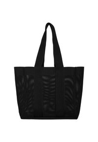 Czarna torba siatkowa z szerokimi ramiączkami, prostokątnym kształtem, teksturowaną powierzchnią i otwartą konstrukcją zapewniającą wentylację. Posiada wzmocnione szwy.