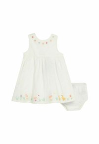 Witte katoenen jurk met geborduurde bloemen en eendenmotieven op de zoom. Inclusief bijpassende witte onderbroekjes. Mouwloos ontwerp.