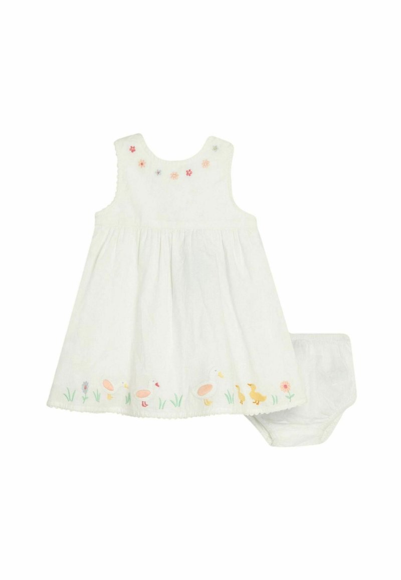 Witte katoenen jurk met geborduurde bloemen en eendenmotieven op de zoom. Inclusief bijpassende witte onderbroekjes. Mouwloos ontwerp.