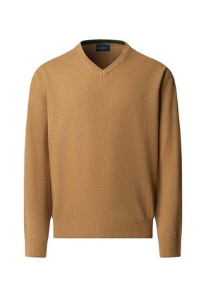 Jersey de manga larga color marrón claro con cuello en V y puños y bajo acanalados, mostrado sin fondo.