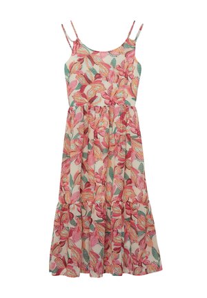 Mouwloze midi-jurk met spaghettibandjes, met een bloemmotief in roze en oranje op een lichte achtergrond en een geplooide volantzoom.