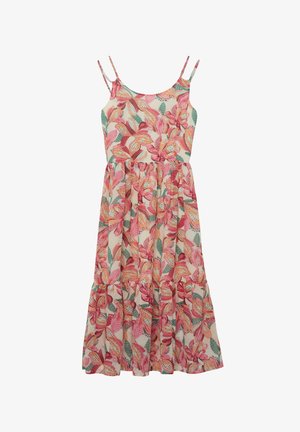 Mouwloze midi-jurk met spaghettibandjes, met een bloemmotief in roze en oranje op een lichte achtergrond en een geplooide volantzoom.