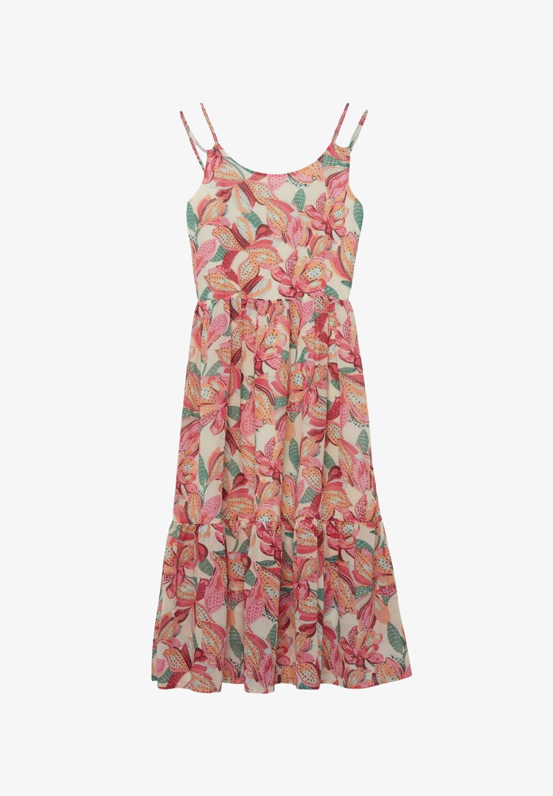 Sukienka midi bez rękawów na cienkich ramiączkach, z różowo-pomarańczowym kwiatowym nadrukiem na jasnym tle i falbanami na dole.
