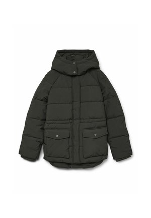 Vaatteiden pehmustettu takki tummasta vihreästä kankaasta, jossa on huppu, etuosan nappikiinnitys ja kaksi suurta etutaskua. Rakeinen tikattu muotoilu.