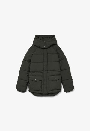 Vaatteiden pehmustettu takki tummasta vihreästä kankaasta, jossa on huppu, etuosan nappikiinnitys ja kaksi suurta etutaskua. Rakeinen tikattu muotoilu.