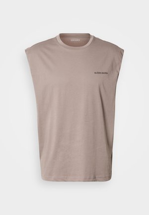 Bezrokve smilšu krāsas kokvilnas T-krekls ar apaļu kaklu, brīva piegriezuma un ar nelielu melnu "BJÖRN BORG" logotipu krūtīs.